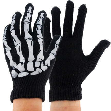 Rukavice s potiskem, černé, kosti, kostra, doplněk k maškarnímu kostýmu, Halloween, univerzální, 1 pár