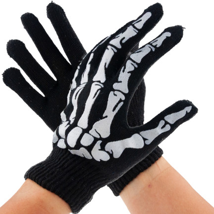 Rukavice s potiskem, černé, kosti, kostra, doplněk k maškarnímu kostýmu, Halloween, univerzální, 1 pár