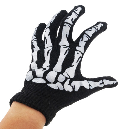 Rukavice s potiskem, černé, kosti, kostra, doplněk k maškarnímu kostýmu, Halloween, univerzální, 1 pár