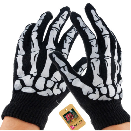 Rukavice s potiskem, černé, kosti, kostra, doplněk k maškarnímu kostýmu, Halloween, univerzální, 1 pár