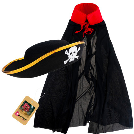 Pirátský kostým, černý, dětský halloweenský kostým, čepice a plášť, sada