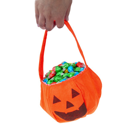 Košík na bonbóny, taštička na sladkosti, oranžová, s motivem dýně, s uchem, halloweenská dekorace, 30 × 17 × 17 cm
