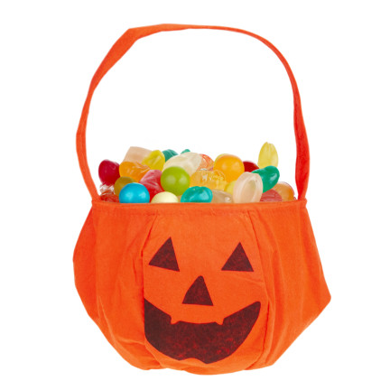 Košík na bonbóny, taštička na sladkosti, oranžová, s motivem dýně, s uchem, halloweenská dekorace, 30 × 17 × 17 cm