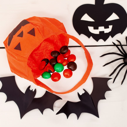 Košík na bonbóny, taštička na sladkosti, oranžová, s motivem dýně, s uchem, halloweenská dekorace, 30 × 17 × 17 cm