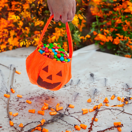 Košík na bonbóny, taštička na sladkosti, oranžová, s motivem dýně, s uchem, halloweenská dekorace, 30 × 17 × 17 cm