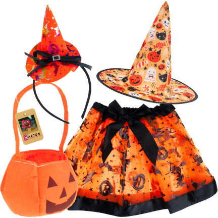 Kostým čarodějnice, šaty čarodějky, oranžovo-černé, pro holčičky, na halloweenský ples, komplet