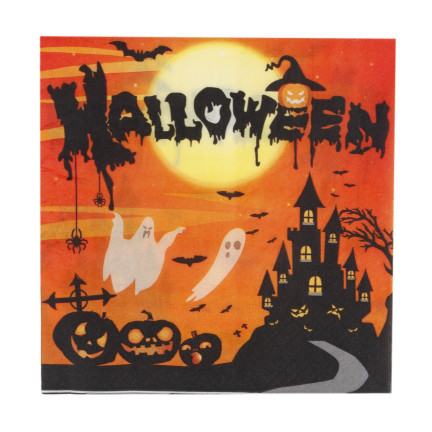 Jednorázové papírové ubrousky, halloweenský motiv, s duchy a netopýry, sada 10 ks.