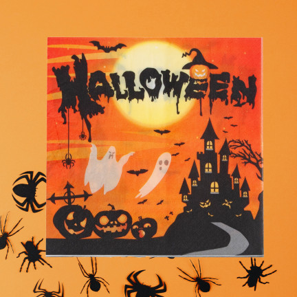 Jednorázové papírové ubrousky, halloweenský motiv, s duchy a netopýry, sada 10 ks.