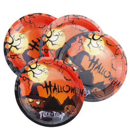 Jednorázové papírové talíře, halloweenský motiv s dýněmi a duchy, párty sada, 10 ks/sada
