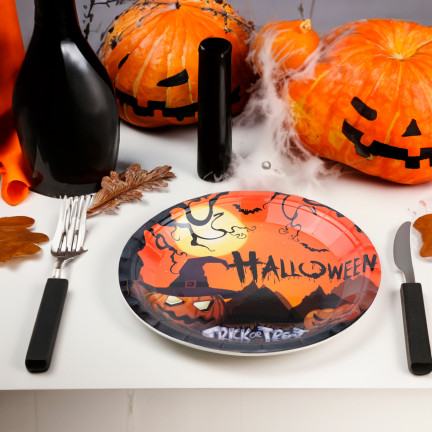 Jednorázové papírové talíře, halloweenský motiv s dýněmi a duchy, párty sada, 10 ks/sada