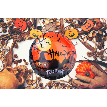 Jednorázové papírové talíře, halloweenský motiv s dýněmi a duchy, párty sada, 10 ks/sada