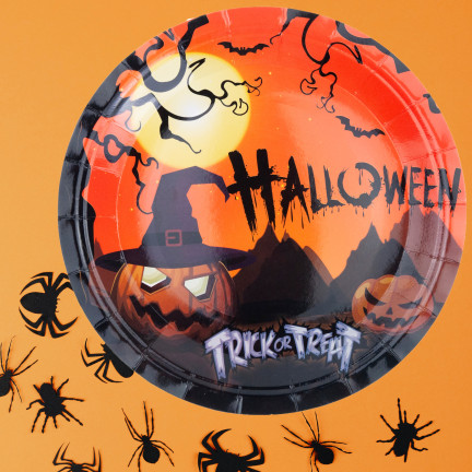 Jednorázové papírové talíře, halloweenský motiv s dýněmi a duchy, párty sada, 10 ks/sada