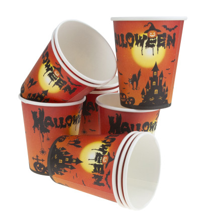 Jednorázové papírové kelímky s halloweenským motivem, s duchy a dýněmi, dekorace na stůl, 10 ks/sada