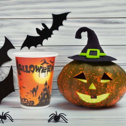 Jednorázové papírové kelímky s halloweenským motivem, s duchy a dýněmi, dekorace na stůl, 10 ks/sada