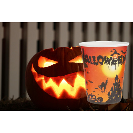 Jednorázové papírové kelímky s halloweenským motivem, s duchy a dýněmi, dekorace na stůl, 10 ks/sada