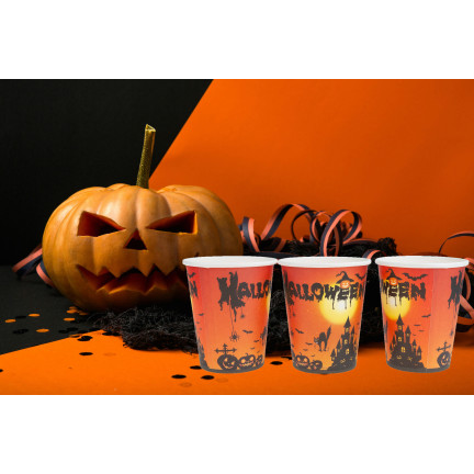 Jednorázové papírové kelímky s halloweenským motivem, s duchy a dýněmi, dekorace na stůl, 10 ks/sada