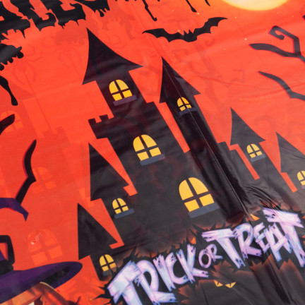 Stolní ubrus, z fólie, oranžový, halloweenská dekorace, stolní ozdoby, s dýněmi, 1 ks.