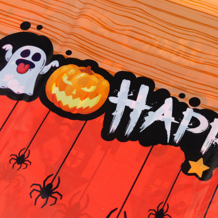 Stolní ubrus, z fólie, oranžový, halloweenská dekorace, stolní ozdoby, s dýněmi, 1 ks.