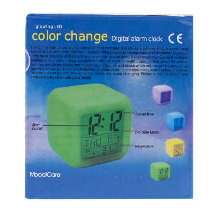TG77583 budík s chameleonovým efektem, svítícím LCD displejem, teploměrem a kalendářem