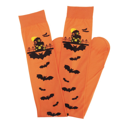 Podkolenky, oranžové, s halloweenským motivem, s netopýry, na večírek, 1 pár