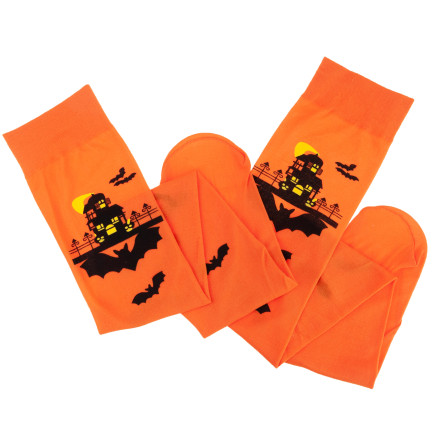 Podkolenky, oranžové, s halloweenským motivem, s netopýry, na večírek, 1 pár
