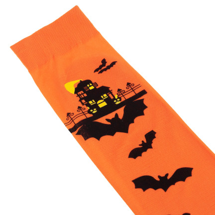Podkolenky, oranžové, s halloweenským motivem, s netopýry, na večírek, 1 pár
