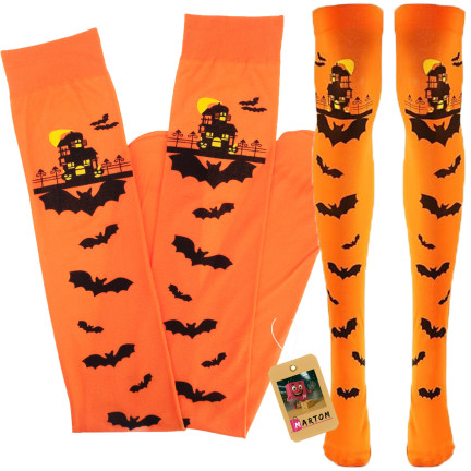 Podkolenky, oranžové, s halloweenským motivem, s netopýry, na večírek, 1 pár