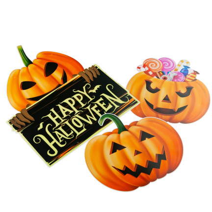 Papírová závěsná dekorace na dveře a okna, oranžová, s motivem dýní a Halloweenu, sada 3 dýní
