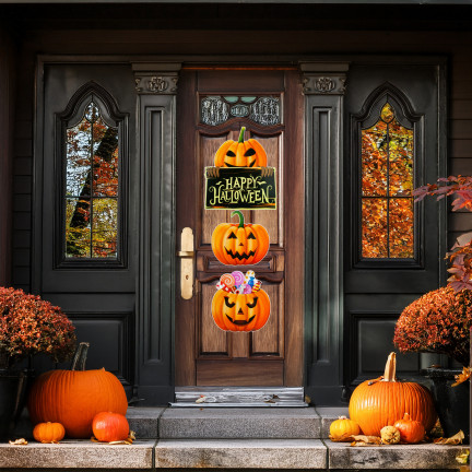 Papírová závěsná dekorace na dveře a okna, oranžová, s motivem dýní a Halloweenu, sada 3 dýní