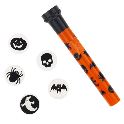 Projektorová svítilna s nástavci, plastová, směs halloweenských motivů, na baterie, 5 motivů, sada