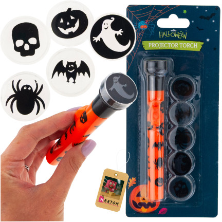 Projektorová svítilna s nástavci, plastová, směs halloweenských motivů, na baterie, 5 motivů, sada
