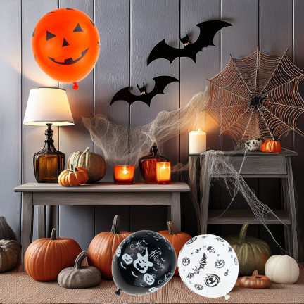Latexové balónky, směs barev, směs vzorů, s halloweenským motivem, s dýněmi, sada 6 ks.