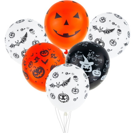Latexové balónky, směs barev, směs vzorů, s halloweenským motivem, s dýněmi, sada 6 ks.