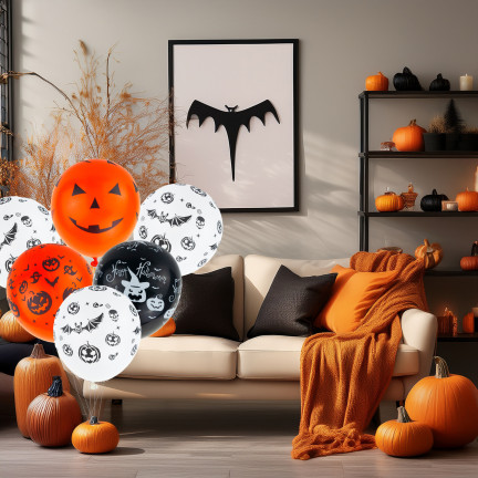 Latexové balónky, směs barev, směs vzorů, s halloweenským motivem, s dýněmi, sada 6 ks.