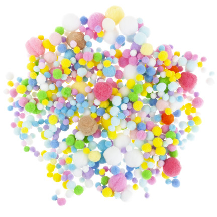 Kreativní plyšové pompony, různé barvy, různé velikosti, pastelové, 1–3 cm, sada 450 ks.