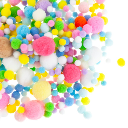 Kreativní plyšové pompony, různé barvy, různé velikosti, pastelové, 1–3 cm, sada 450 ks.