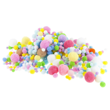 Kreativní plyšové pompony, různé barvy, různé velikosti, pastelové, 1–3 cm, sada 450 ks.