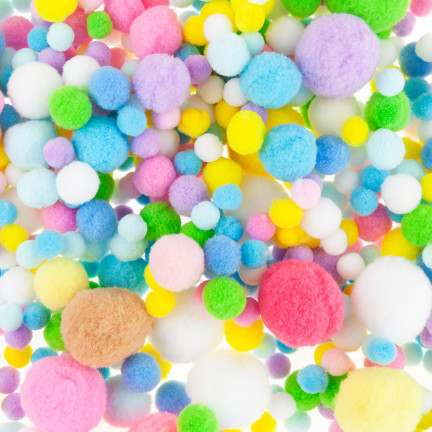 Kreativní plyšové pompony, různé barvy, různé velikosti, pastelové, 1–3 cm, sada 450 ks.