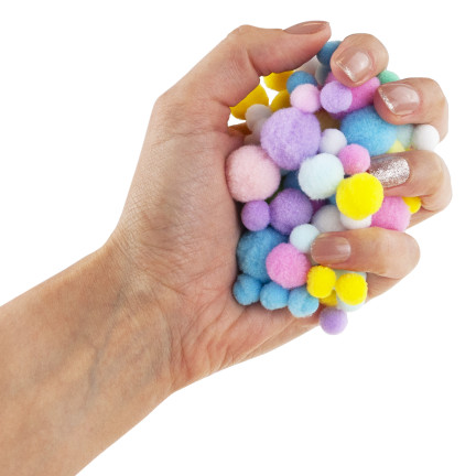 Kreativní plyšové pompony, různé barvy, různé velikosti, pastelové, 1–3 cm, sada 450 ks.