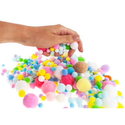 Kreativní plyšové pompony, různé barvy, různé velikosti, pastelové, 1–3 cm, sada 450 ks.
