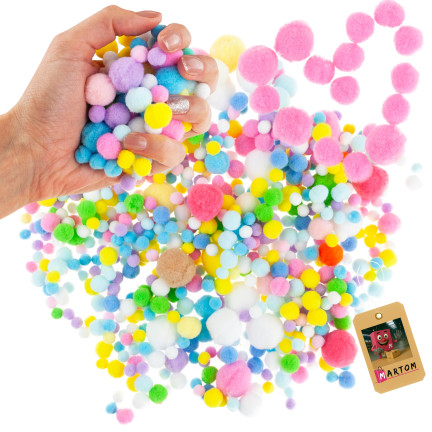Kreativní plyšové pompony, různé barvy, různé velikosti, pastelové, 1–3 cm, sada 450 ks.