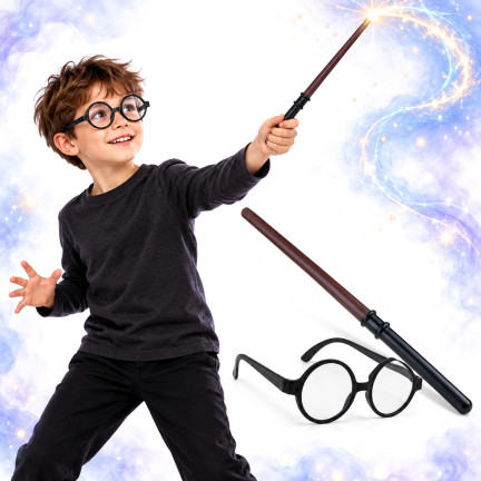 TG78551 sada čaroděje: brýle, hůlka, Harry Potter, kouzelník, kostým čaroděje